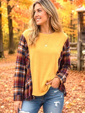 Upcycled Flannel Shirt Reworked Oversized Yellow Gold Waffle Knit w/ Fringe M-L